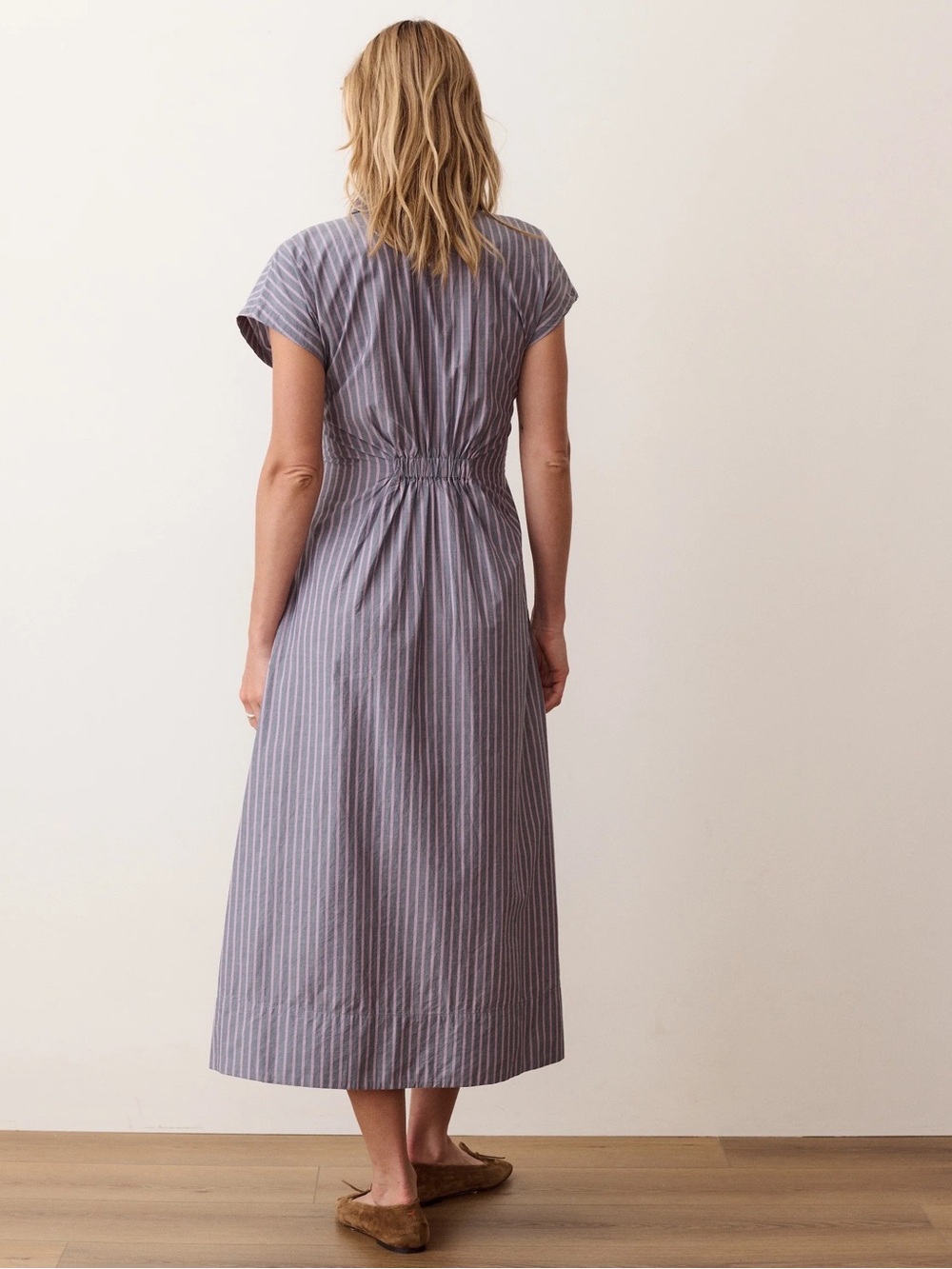 Marine Layer Arden Midi Dress - Extra Small / Navy & Lilac Stripe NWT XS - Picture 3 of 5